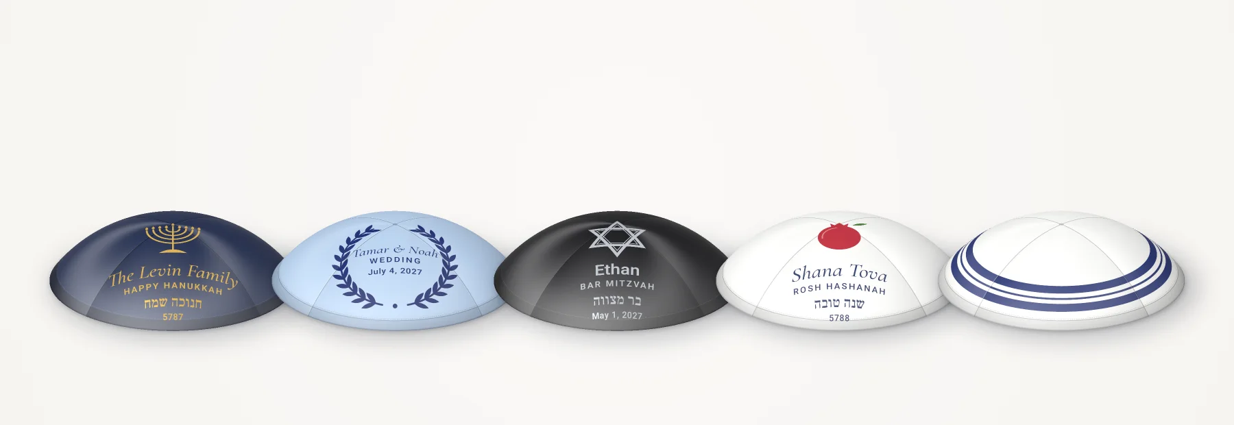 Five rendered kippahs in a row: a menorah, an olive wreath, a Star of David, a pomegranate and tallit stripes