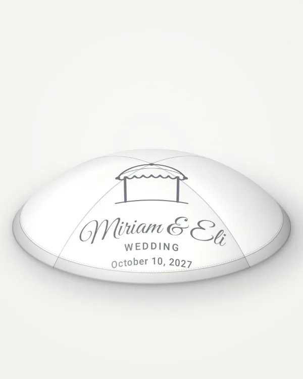 White satin kippah, under the chuppah design in silver foil with the sample text “Miriam & Eli”, rendered picture