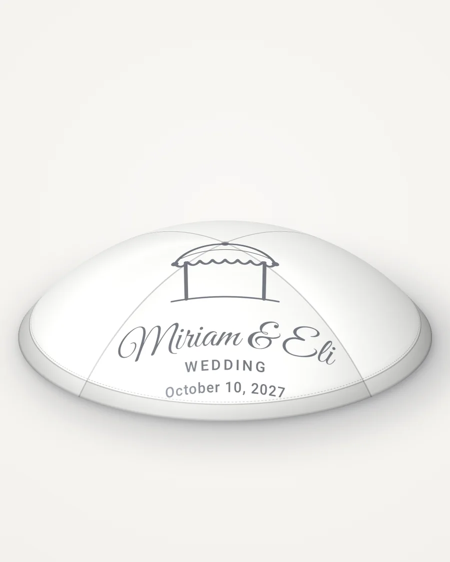 White satin kippah, under the chuppah design in silver foil with the sample text “Miriam & Eli”, rendered picture