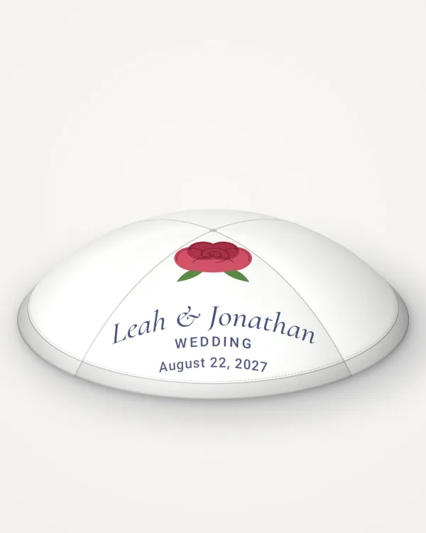 White satin kippah, red rose design in full colour with the sample text “Leah & Jonathan”, rendered picture