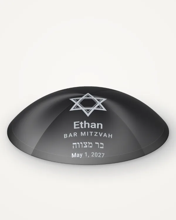 Black satin kippah, star of david design in silver foil with the sample text “Ethan”, rendered picture