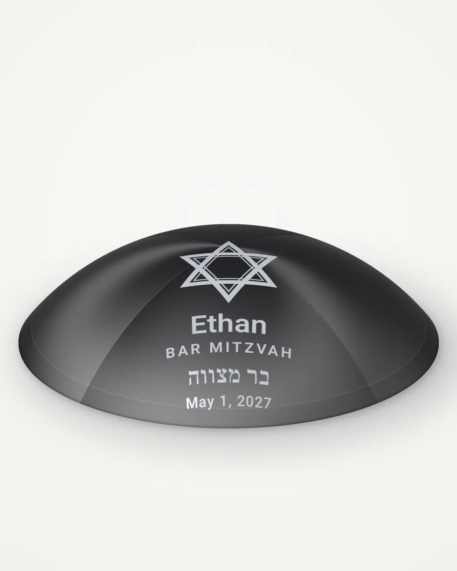 Black satin kippah, star of david design in silver foil with the sample text “Ethan”, rendered picture
