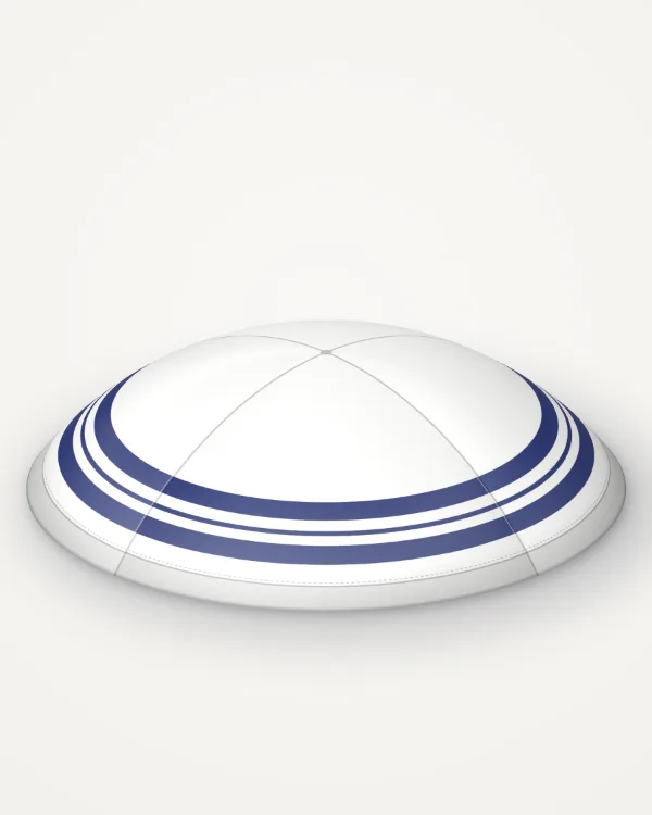 White satin kippah, tallit stripes design in navy ink with the sample text “Sophie”, rendered picture