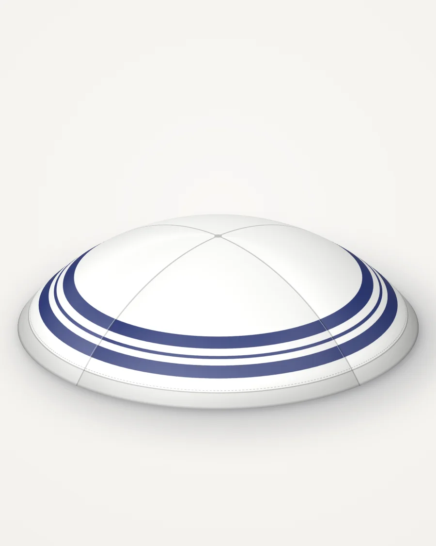White satin kippah, tallit stripes design in navy ink with the sample text “Sophie”, rendered picture