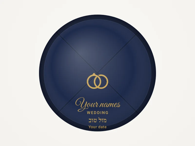 Flat proof of a navy kippah seen from above, with gold rings and the words Your names and Your date