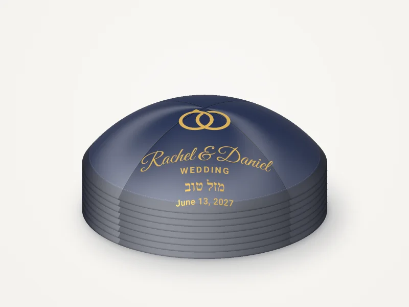 A rendered stack of navy kippahs with gold print
